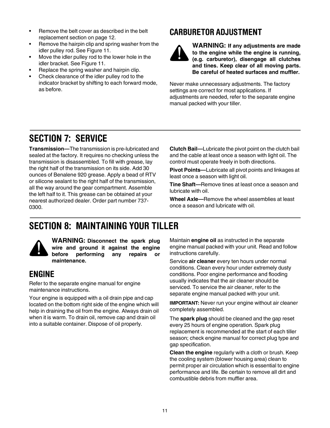 Yard-Man RT65 manual Service, Maintaining Your Tiller, Carburetor Adjustment, Engine 