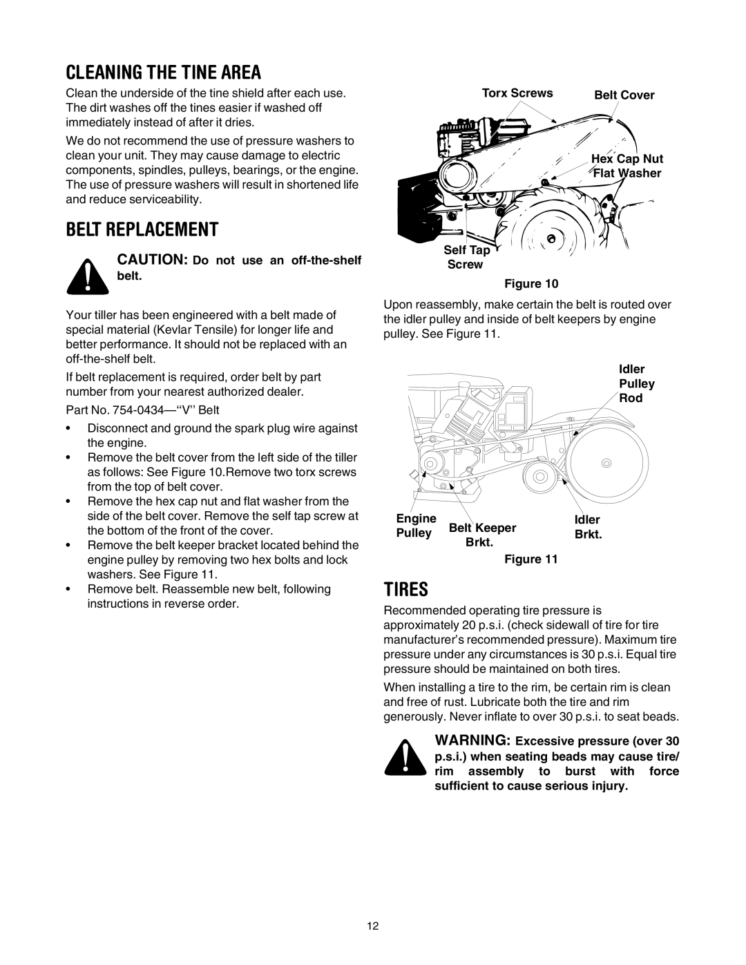 Yard-Man RT65 manual Cleaning the Tine Area, Belt Replacement, Tires 