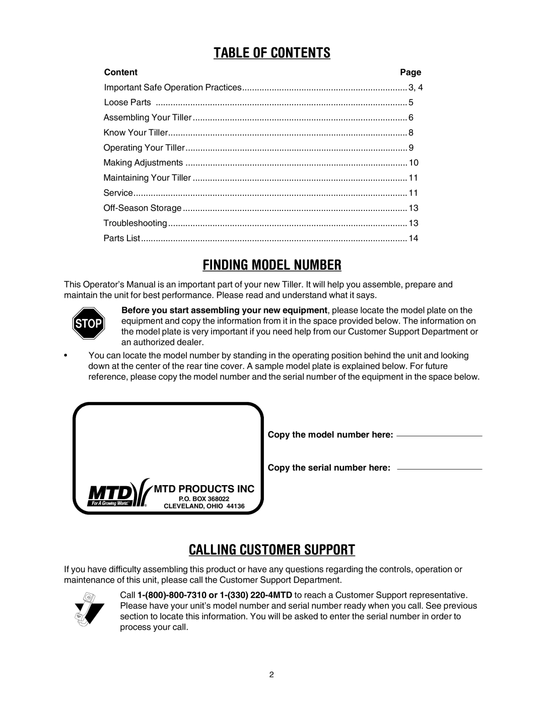 Yard-Man RT65 manual Table of Contents, Finding Model Number, Calling Customer Support 