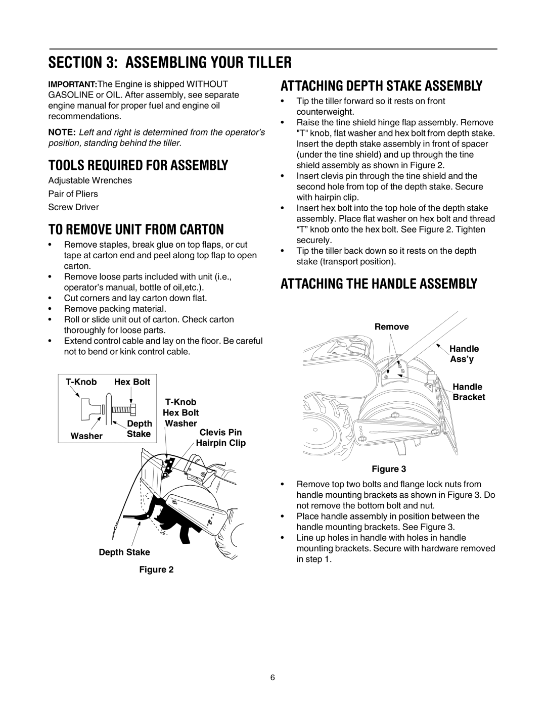 Yard-Man RT65 manual Assembling Your Tiller, To Remove Unit from Carton, Attaching Depth Stake Assembly 