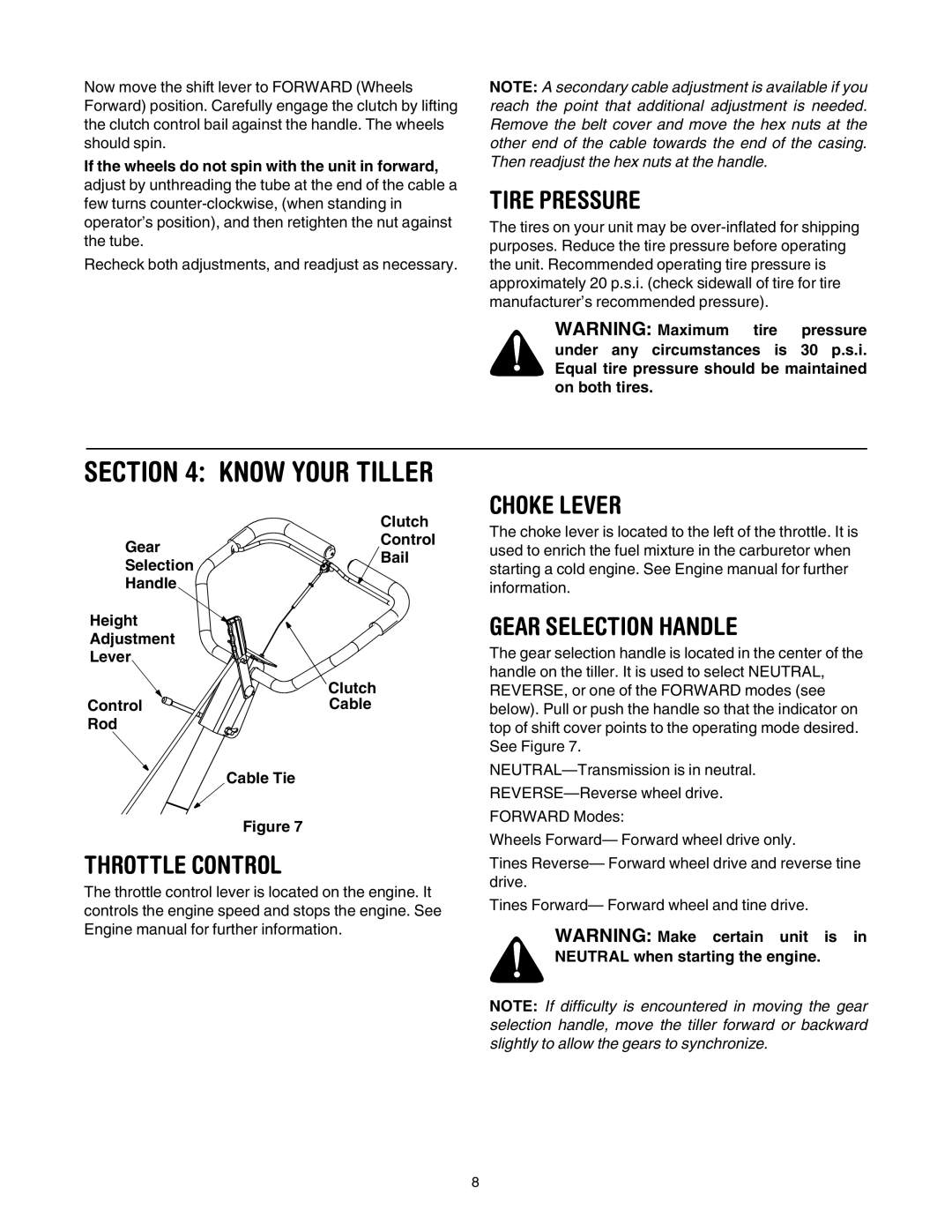 Yard-Man RT65 manual Tire Pressure, Know Your Tiller, Choke Lever, Gear Selection Handle, Throttle Control 