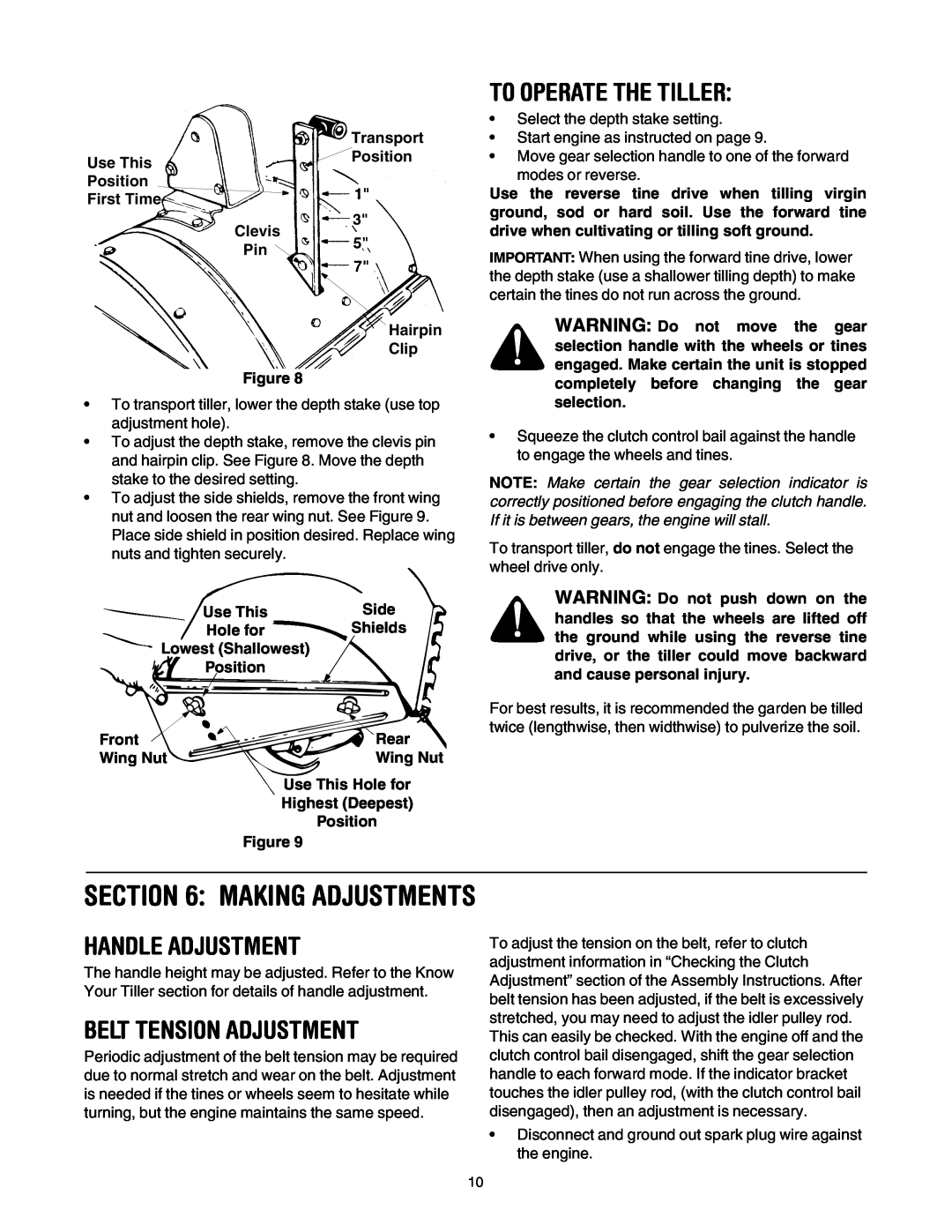 Yard-Man RT65 manual Making Adjustments, To Operate The Tiller, Belt Tension Adjustment, Handle Adjustment 