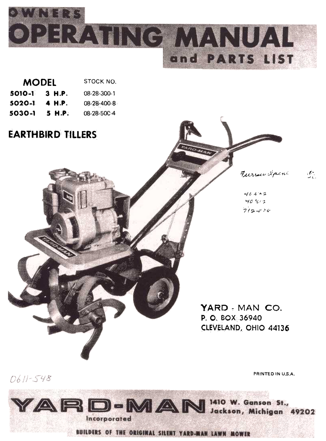 Yard-Man manual 5010-13 H.P. 08.28-08 48~08-28, 5020.1 4 H.P.S030~1, YAR-D MAN CO p, O. BOX CLEVELAND OHIO, 50C-4 