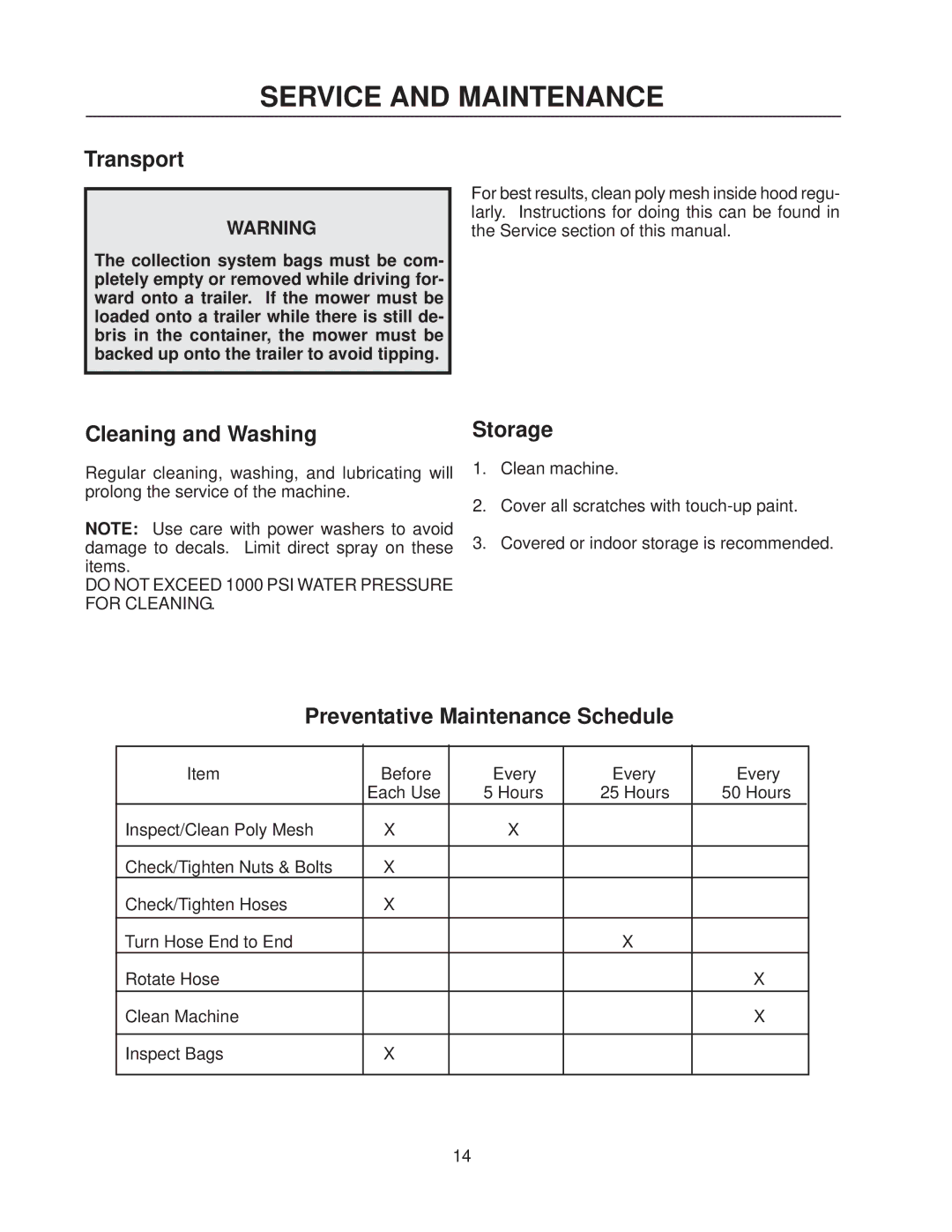 Yazoo/Kees 111793 / CS1372 manual Service and Maintenance, Transport, Cleaning and Washing, Storage 