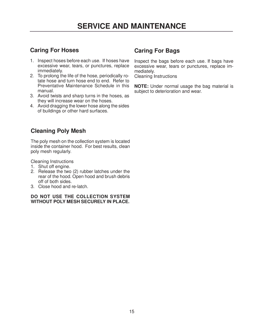 Yazoo/Kees 111793 / CS1372 manual Caring For Hoses, Cleaning Poly Mesh 