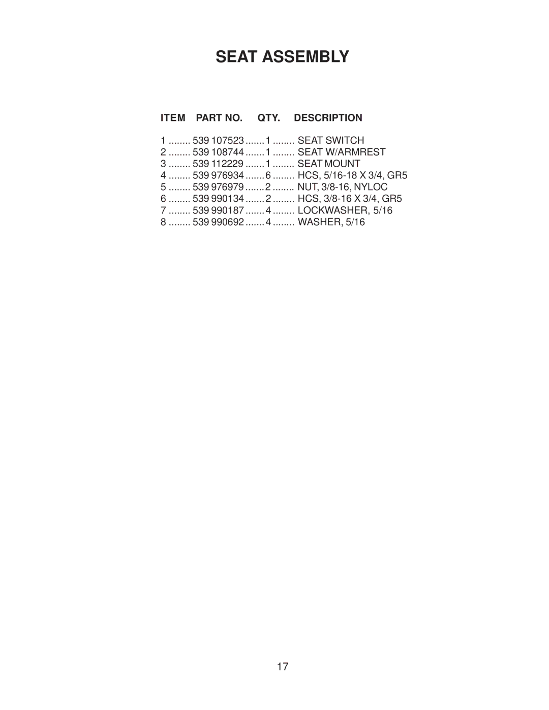 Yazoo/Kees 968999506 manual Seat Switch 