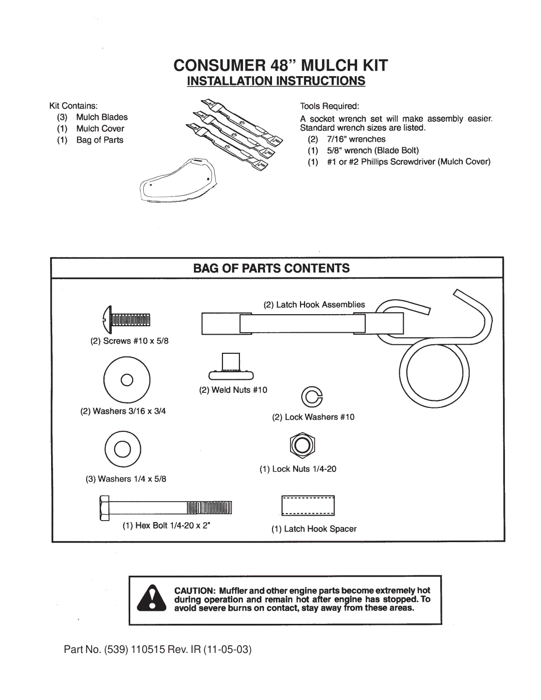 Yazoo/Kees manual Consumer 48 Mulch KIT, Part No 110515 Rev. IR 