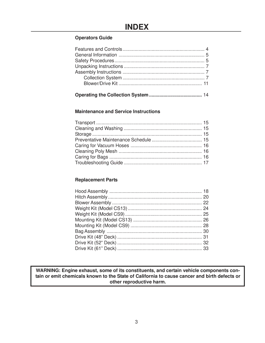 Yazoo/Kees CS13, CS9 manual Index, Operators Guide 