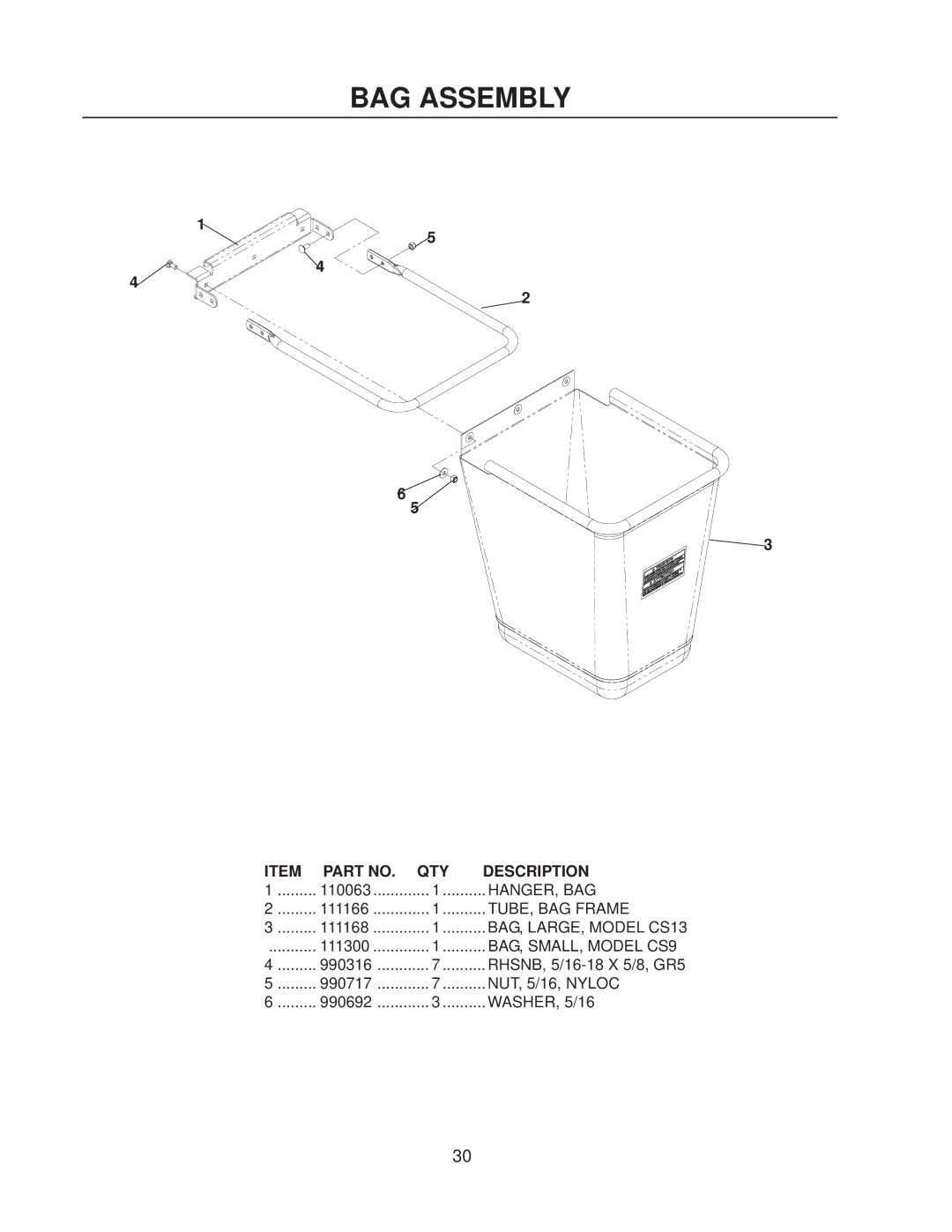 Yazoo/Kees CS9, CS13 manual BAG Assembly 