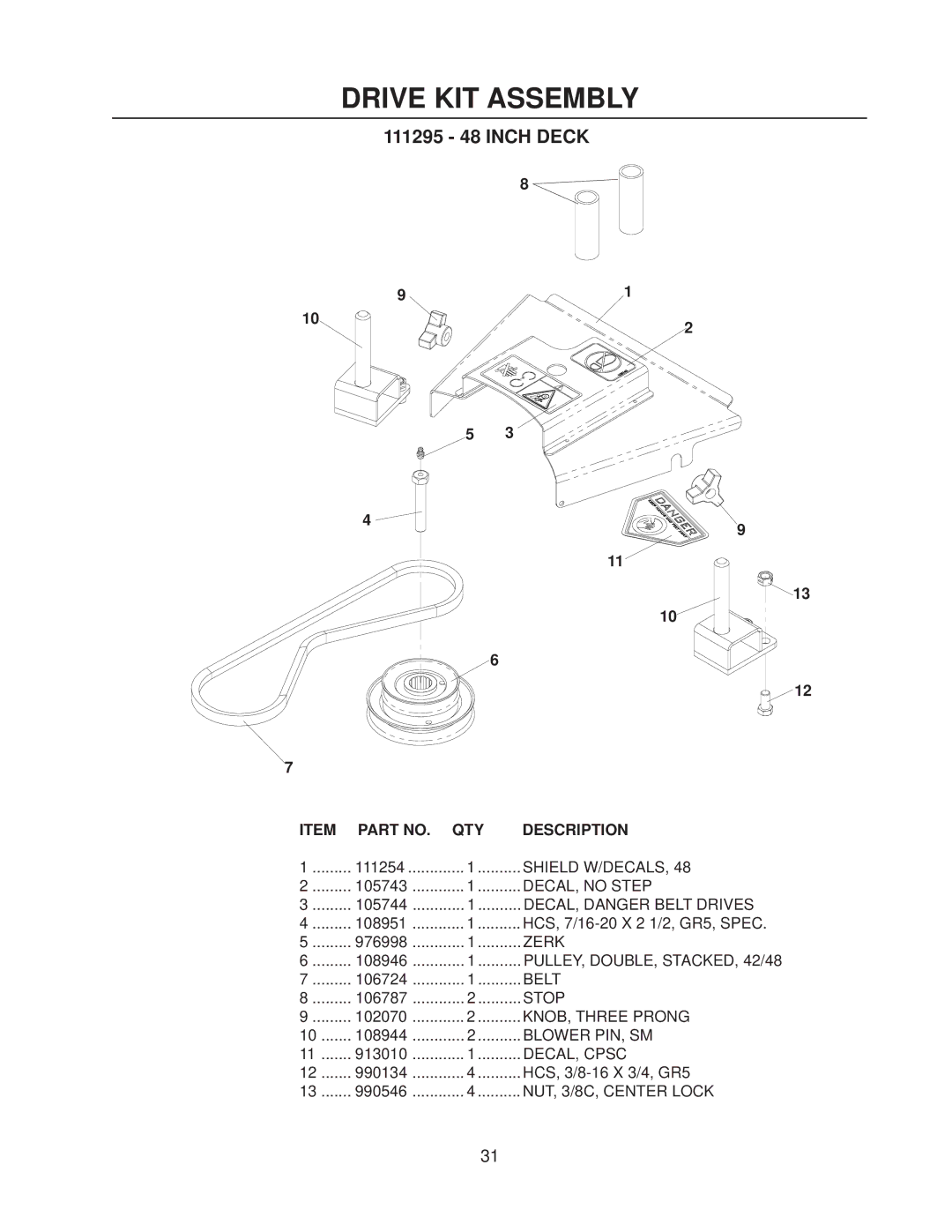 Yazoo/Kees CS13, CS9 manual Drive KIT Assembly, 111295 48 Inch Deck 