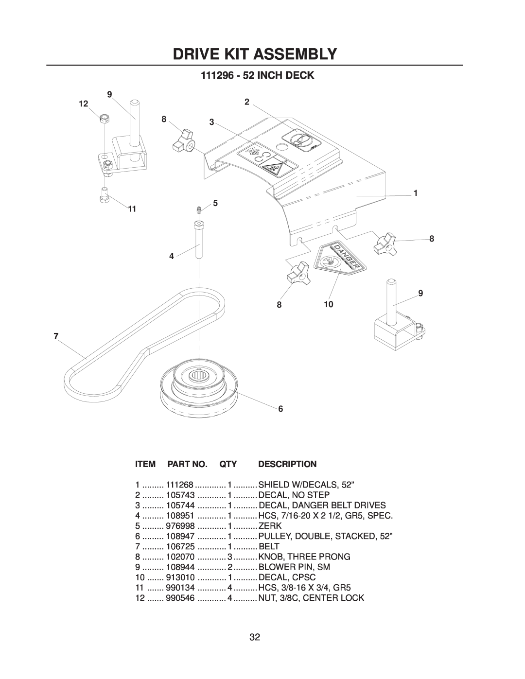 Yazoo/Kees CS9, CS13 manual 111296 - 52 INCH DECK, Drive Kit Assembly, Description 