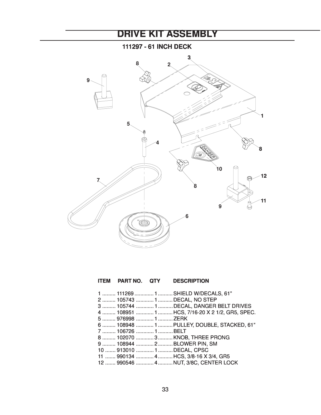 Yazoo/Kees CS13, CS9 manual 111297 - 61 INCH DECK, Drive Kit Assembly, Description 