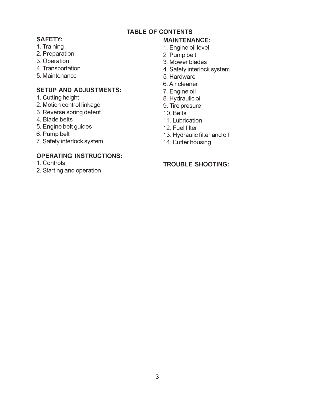 Yazoo/Kees KHKW36151, KHKW48171 Safety Table of Contents Maintenance, Setup and Adjustments, Operating Instructions 