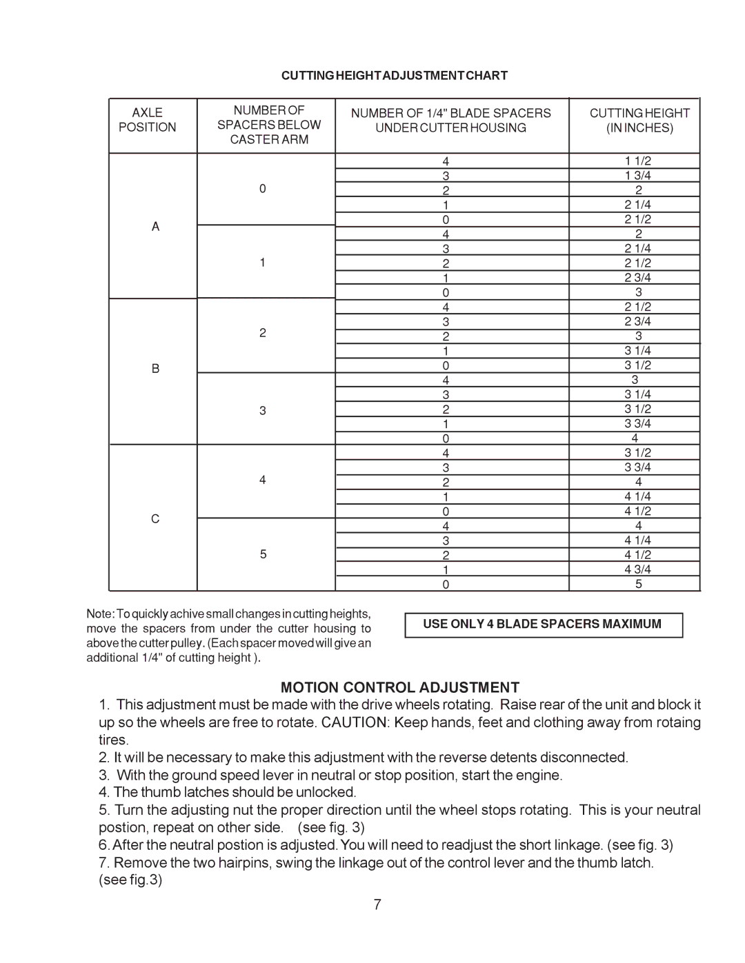 Yazoo/Kees KHKW36151, KHKW48171 important safety instructions Motion Control Adjustment, Cuttingheightadjustmentchart 