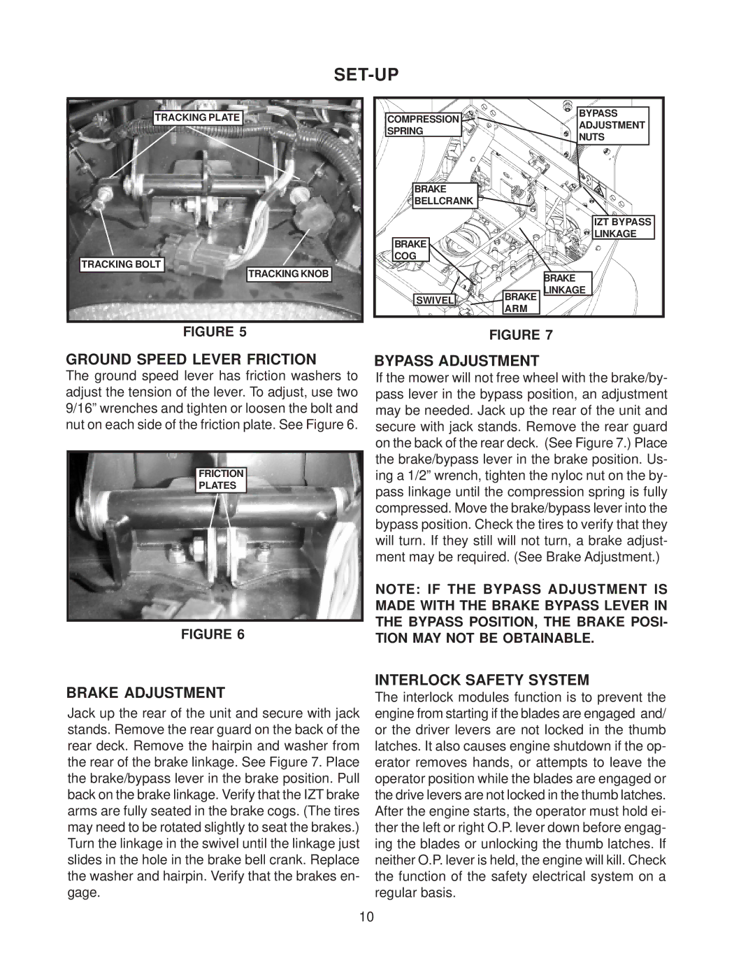 Yazoo/Kees KIKW36150, KIKW48150, KIKW48170 manual Ground Speed Lever Friction, Bypass Adjustment, Brake Adjustment 