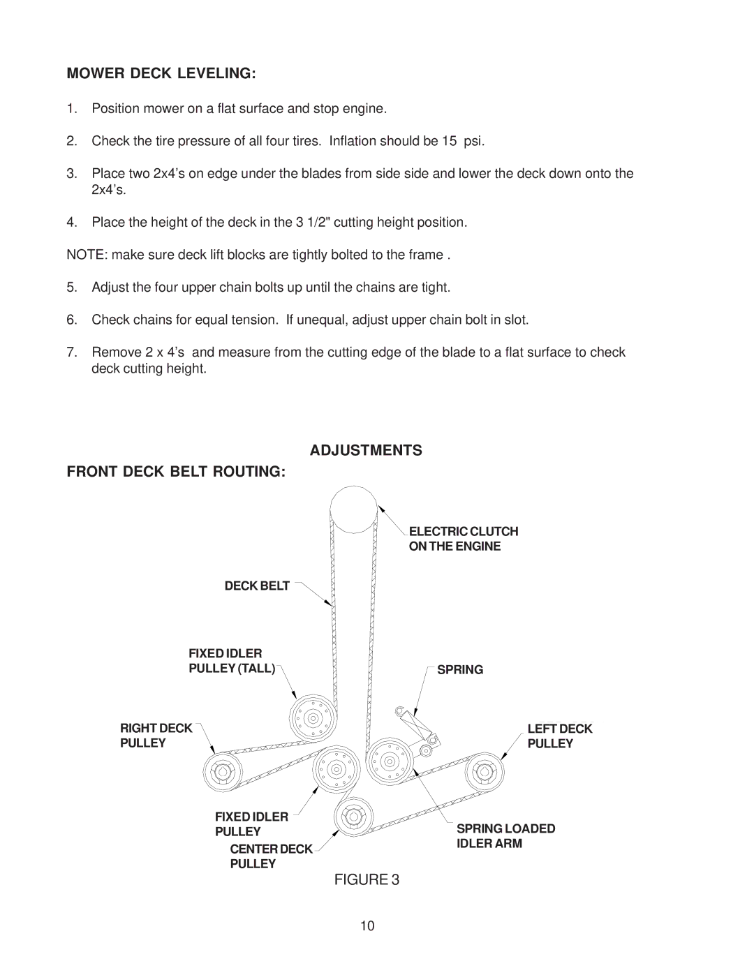 Yazoo/Kees KKFW48171, KKFW52211 manual Mower Deck Leveling, Adjustments Front Deck Belt Routing 