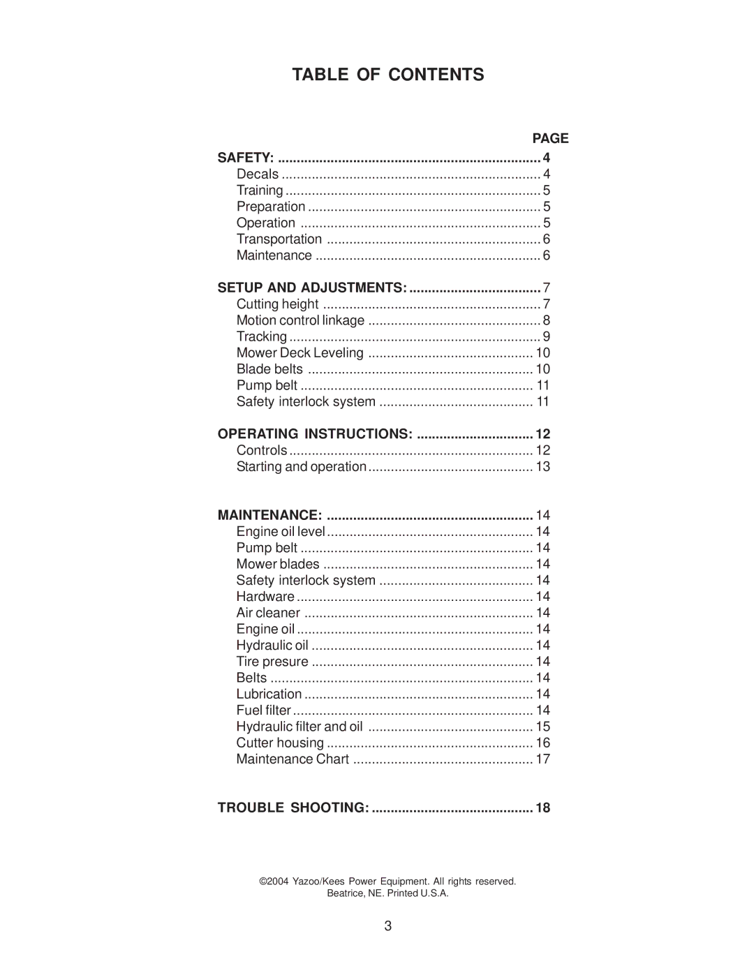 Yazoo/Kees KKFW48171, KKFW52211 manual Table of Contents 