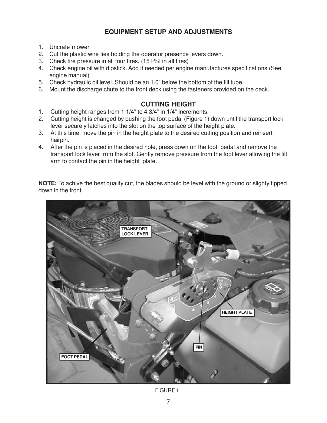 Yazoo/Kees KKFW48171, KKFW52211 manual Equipment Setup and Adjustments, Cutting Height 