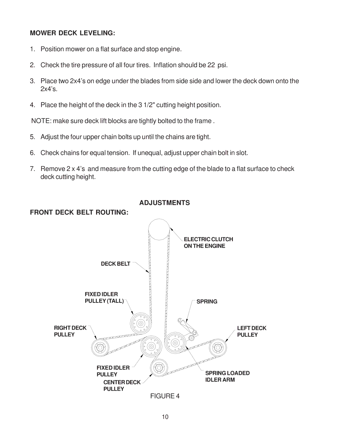 Yazoo/Kees KKFW48180, KKFW52180, KKFW52210 manual Mower Deck Leveling, Adjustments Front Deck Belt Routing 