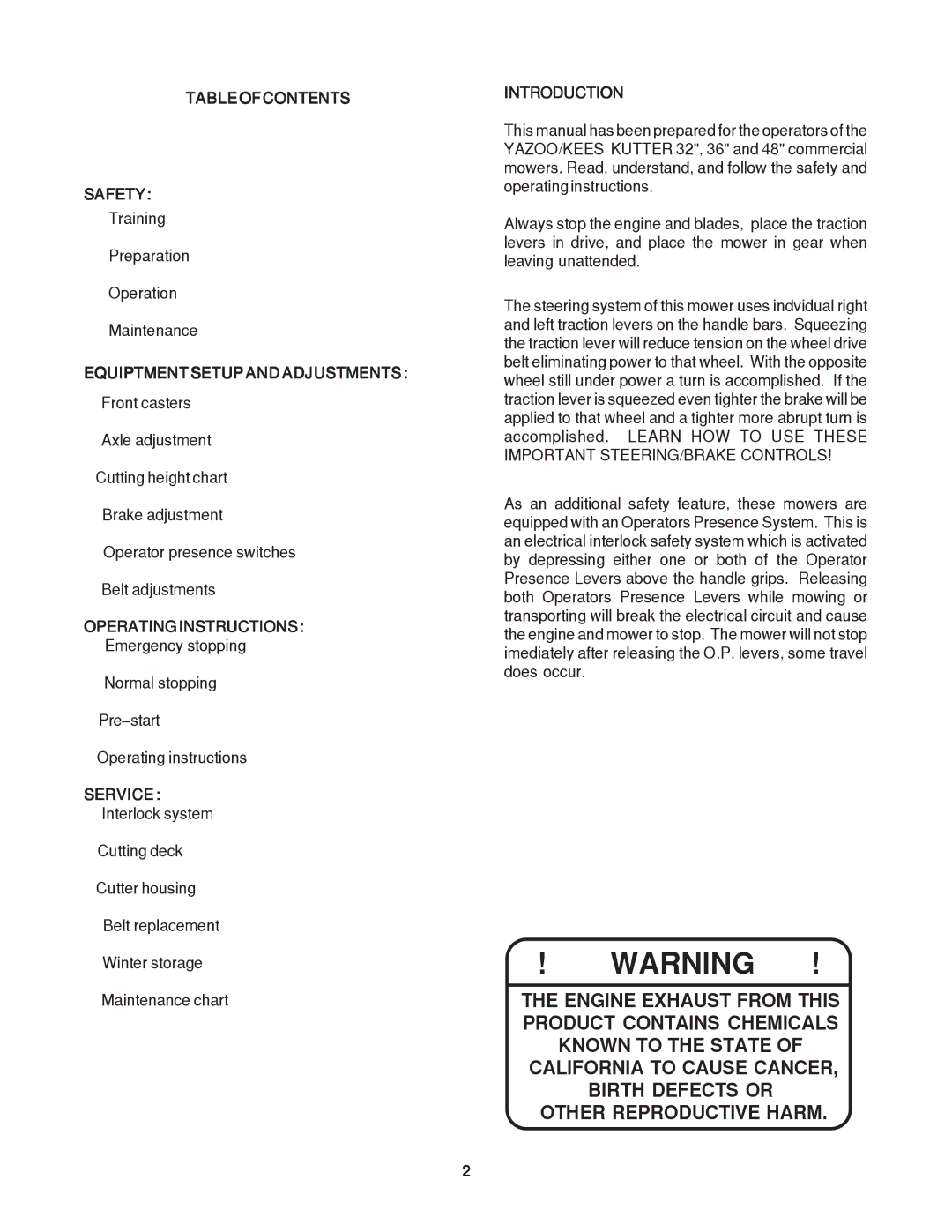 Yazoo/Kees KKW32121, KKW36121, KKW36141, KKW48141, KKH48151 Tableofcontents Safety, Equiptmentsetupandadjustments, Service 