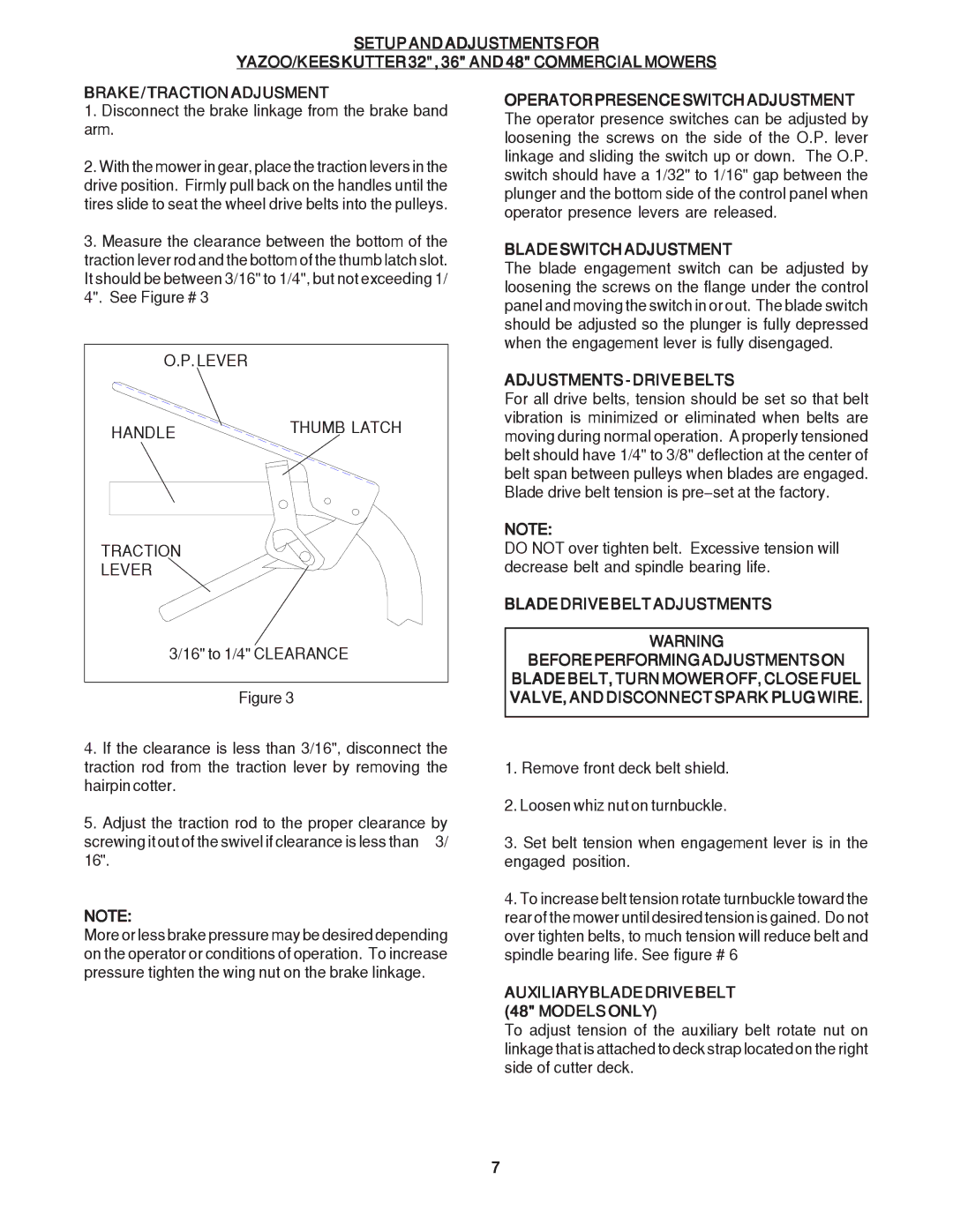 Yazoo/Kees KKW32121, KKW36121, KW36141, KW48141, KKH48151 manual Bladeswitchadjustment, Adjustments-Drivebelts 