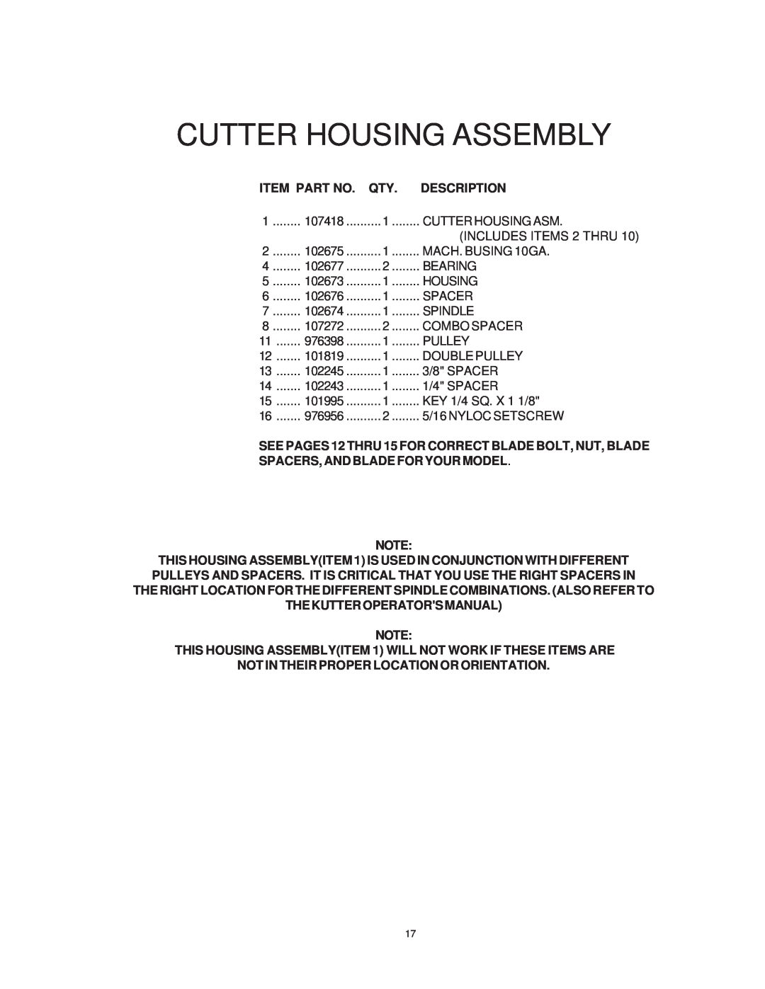 Yazoo/Kees KKW32132, KKW48152, KKH36152, KKW36132, KKH36132, KKH32132, KKH48152 manual Cutter Housing Assembly, Item Part No 
