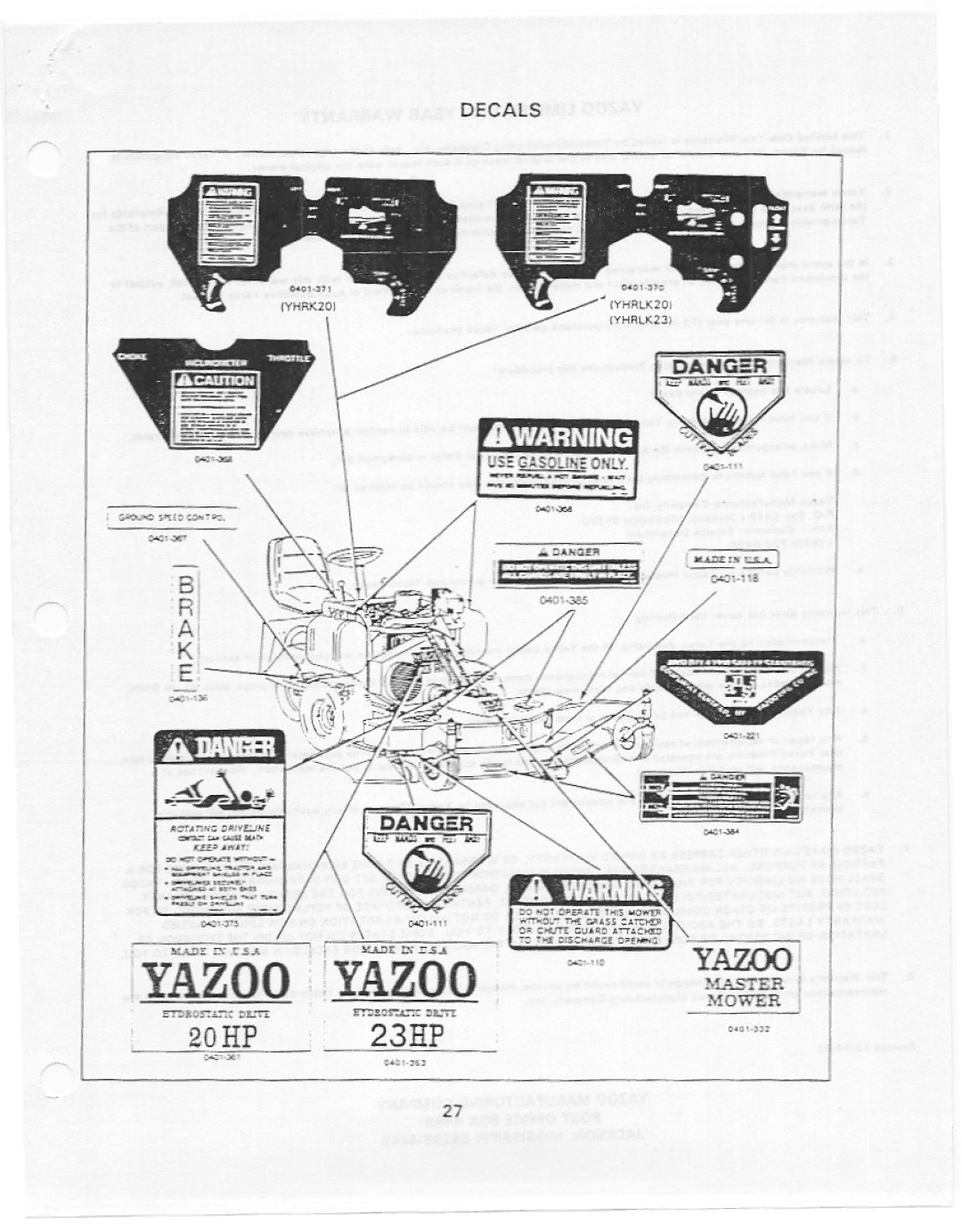 Yazoo/Kees YHRLK20, YHRLK23, YHRK20 manual 