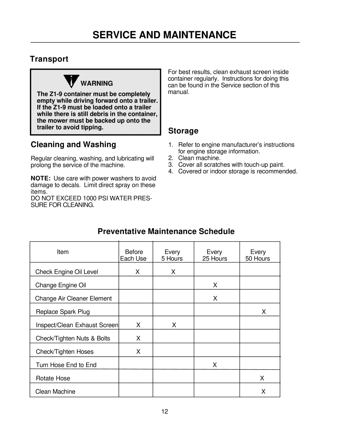 Yazoo/Kees Z9A manual Service and Maintenance, Transport, Cleaning and Washing, Storage, Preventative Maintenance Schedule 