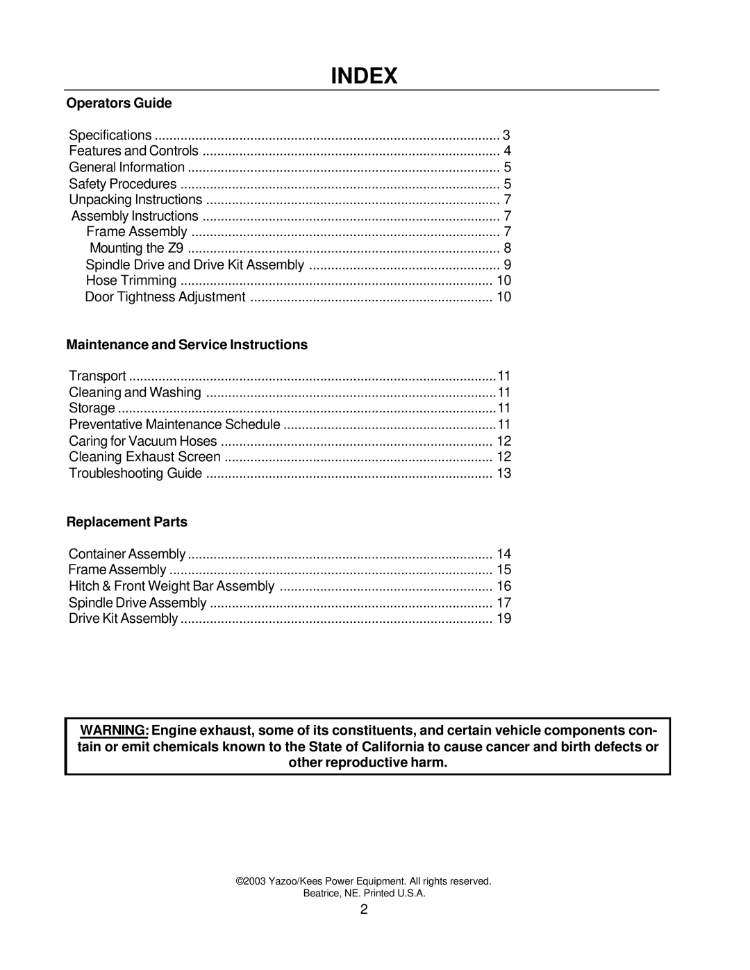 Yazoo/Kees Z9A manual Index, Operators Guide 