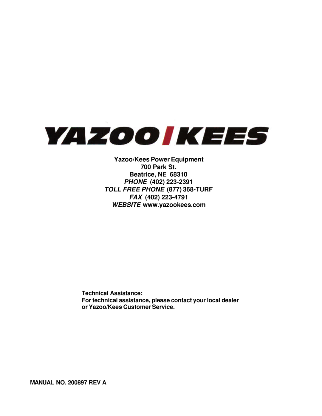 Yazoo/Kees Z9A manual Toll Free Phone 877 368-TURF 