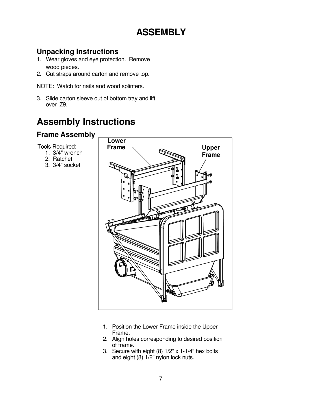 Yazoo/Kees Z9A manual Unpacking Instructions, Frame Assembly 