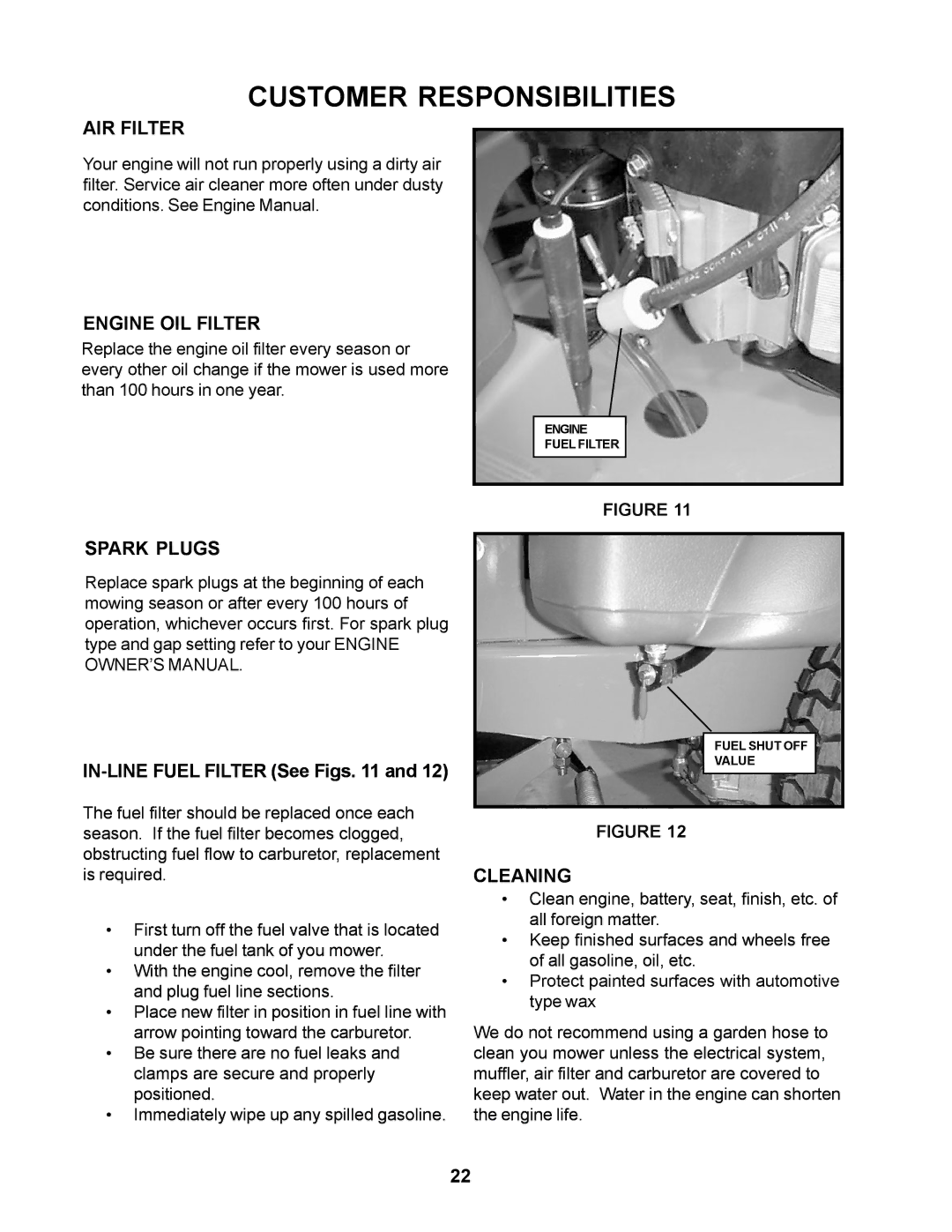 Yazoo/Kees ZCBI48180 manual AIR Filter, Engine OIL Filter, Spark Plugs, IN-LINE Fuel Filter See Figs, Cleaning 