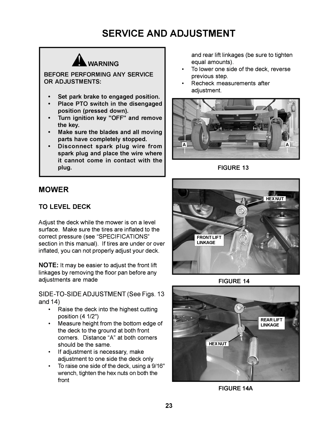 Yazoo/Kees ZCBI48180 manual Service And Adjustment, Mower, To Level Deck, SIDE-TO-SIDE ADJUSTMENT See Figs. 13 and 