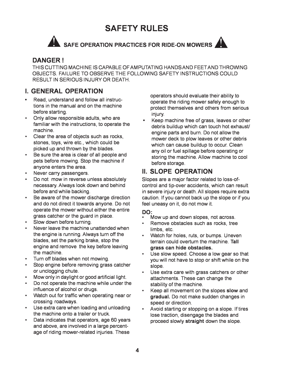 Yazoo/Kees ZCBI48180 manual Safety Rules, Danger, I. General Operation, Ii. Slope Operation 