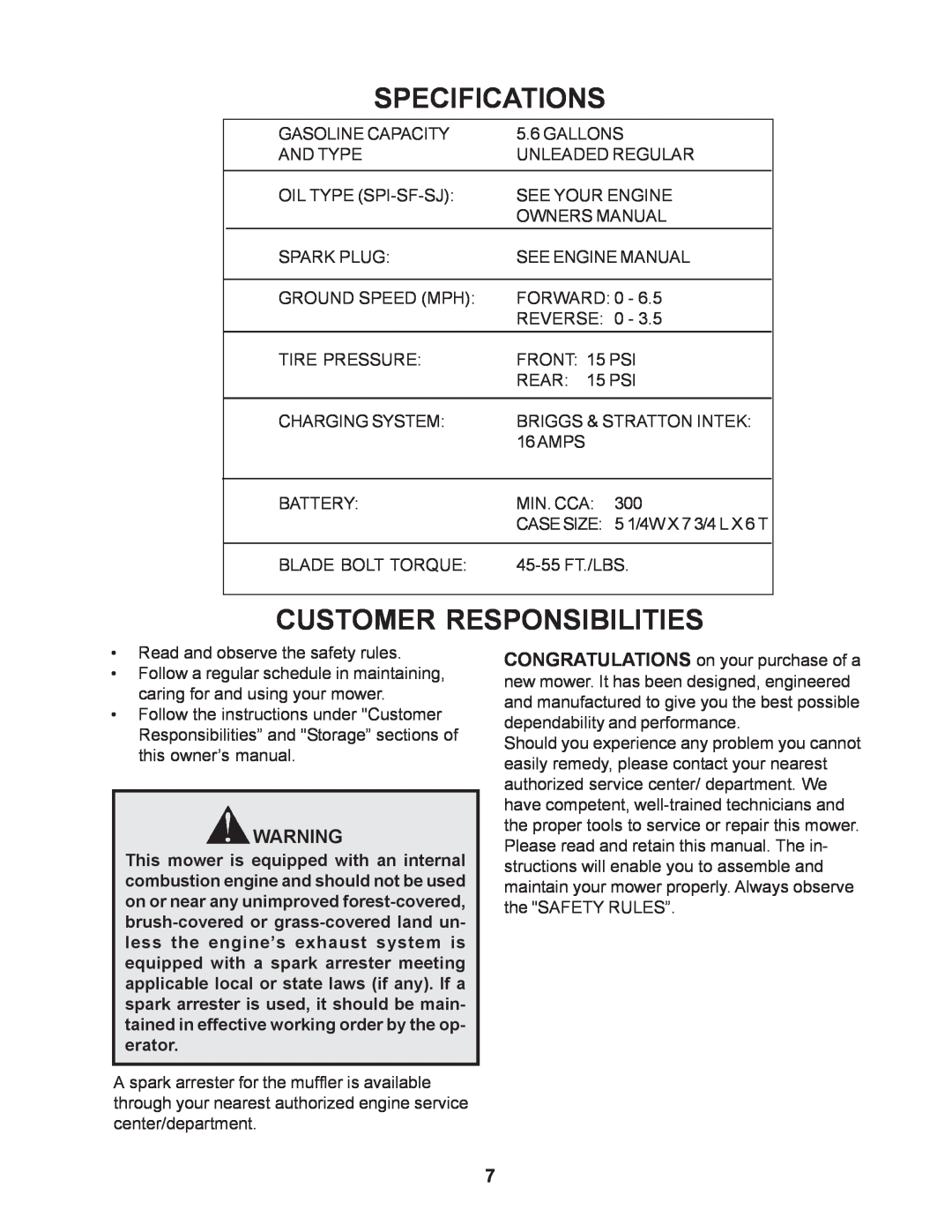 Yazoo/Kees ZCBI48180 manual Specifications, Customer Responsibilities 