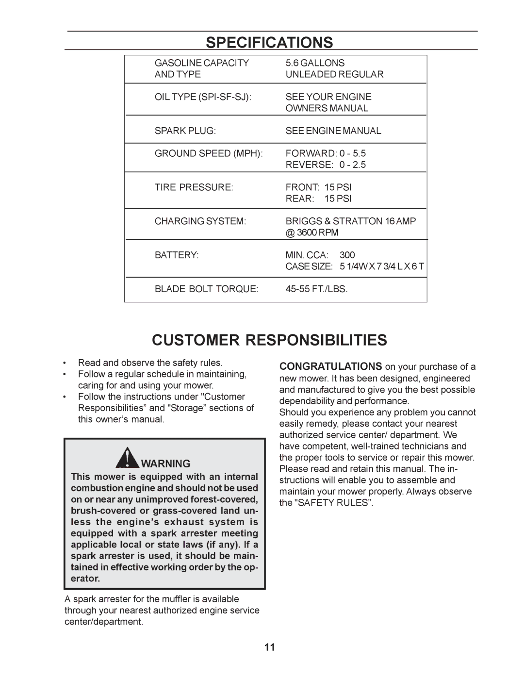 Yazoo/Kees ZCBI48181 manual Specifications, Customer Responsibilities 