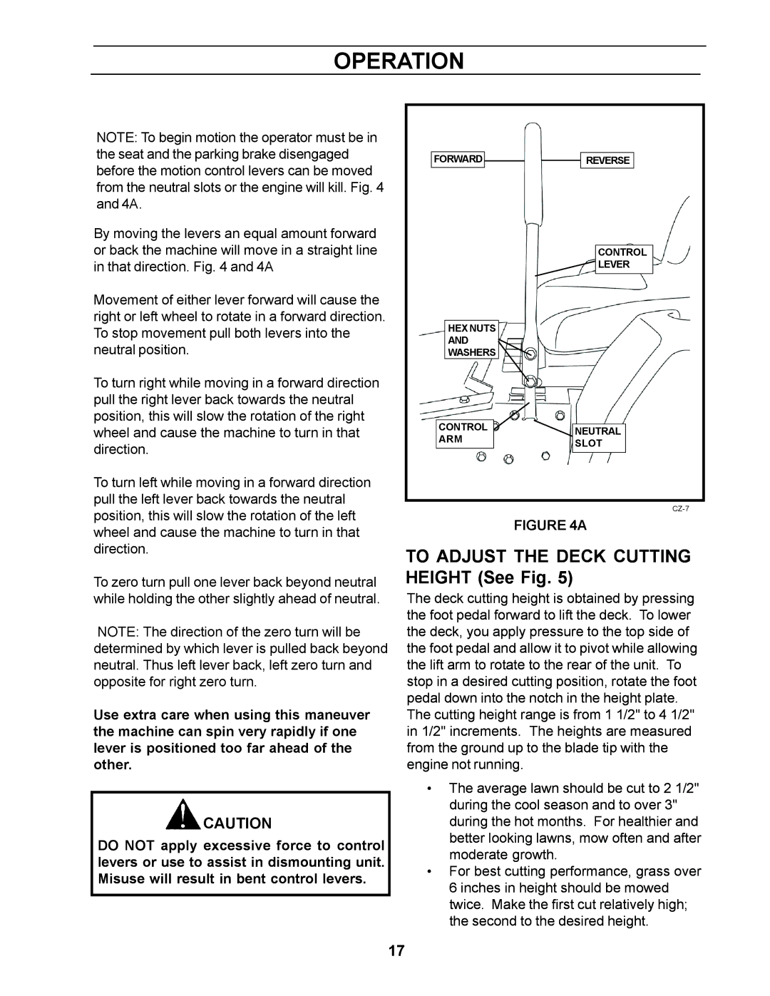 Yazoo/Kees ZCBI48181 manual To Adjust the Deck Cutting Height See Fig 