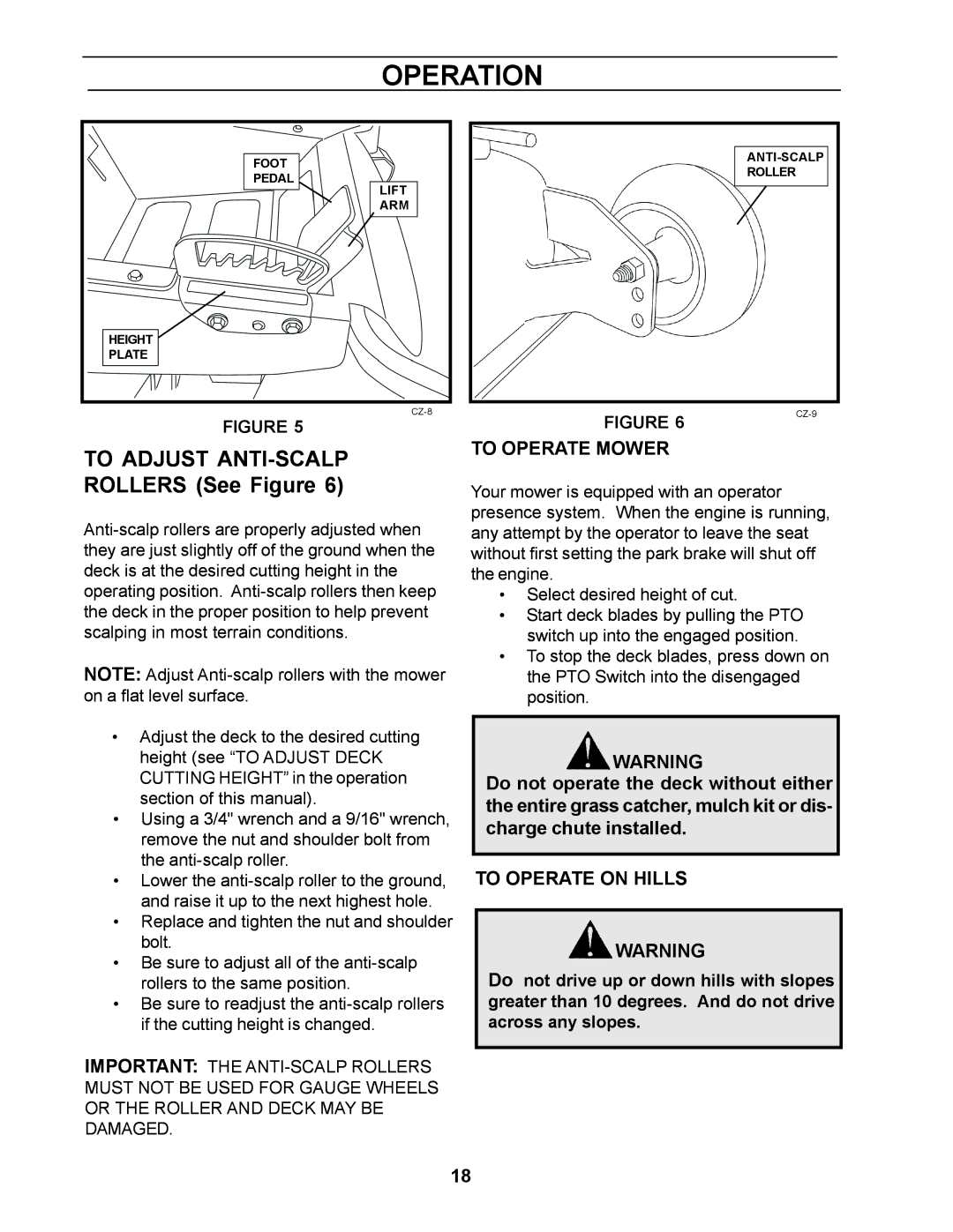 Yazoo/Kees ZCBI48181 manual To Adjust ANTI-SCALP, Rollers See Figure, To Operate Mower, To Operate on Hills 