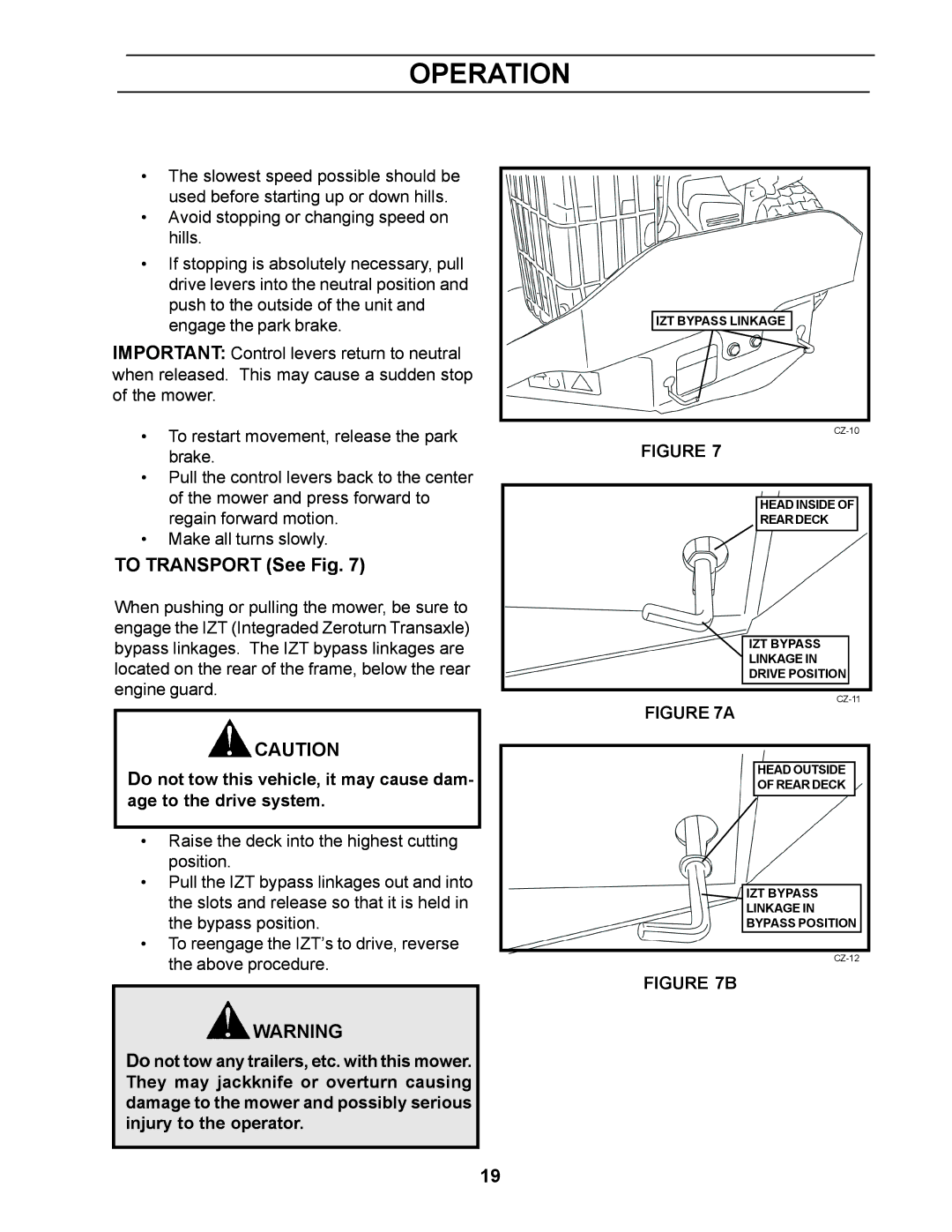 Yazoo/Kees ZCBI48181 manual To Transport See Fig 