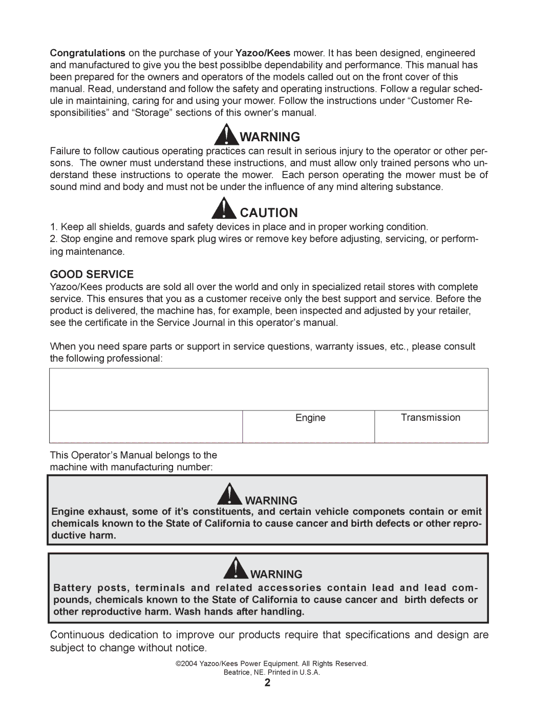 Yazoo/Kees ZCBI48181 manual Good Service 