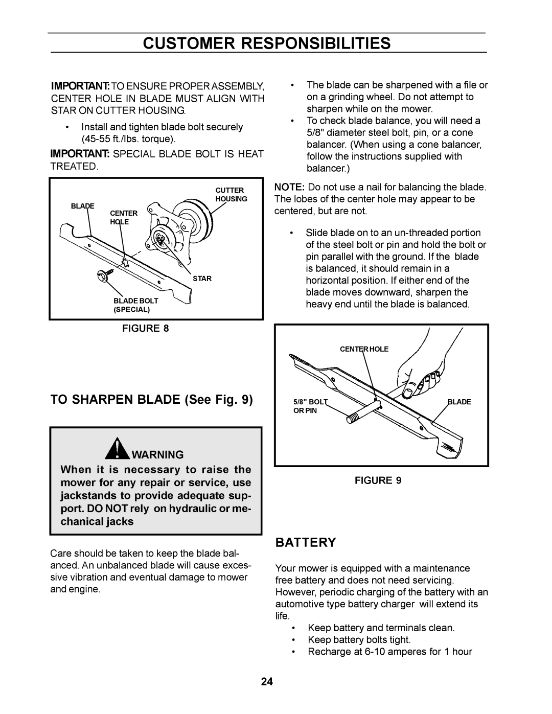 Yazoo/Kees ZCBI48181 manual To Sharpen Blade See Fig, Battery 