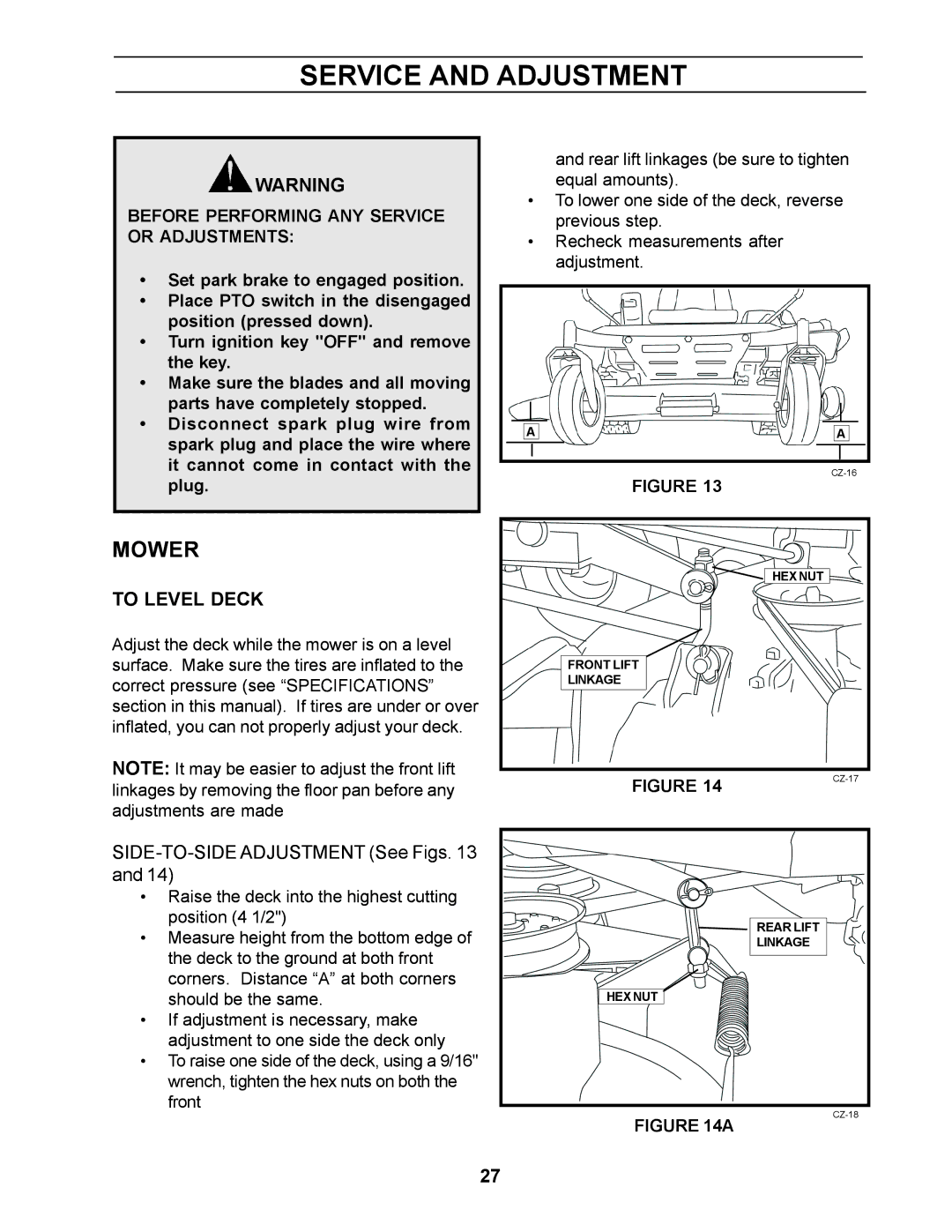 Yazoo/Kees ZCBI48181 manual Service and Adjustment, Mower, To Level Deck, Before Performing ANY Service or Adjustments 