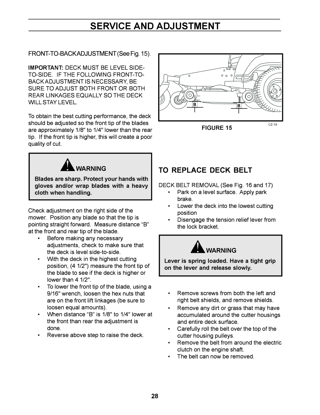 Yazoo/Kees ZCBI48181 manual To Replace Deck Belt, FRONT-TO-BACKADJUSTMENTSee Fig 