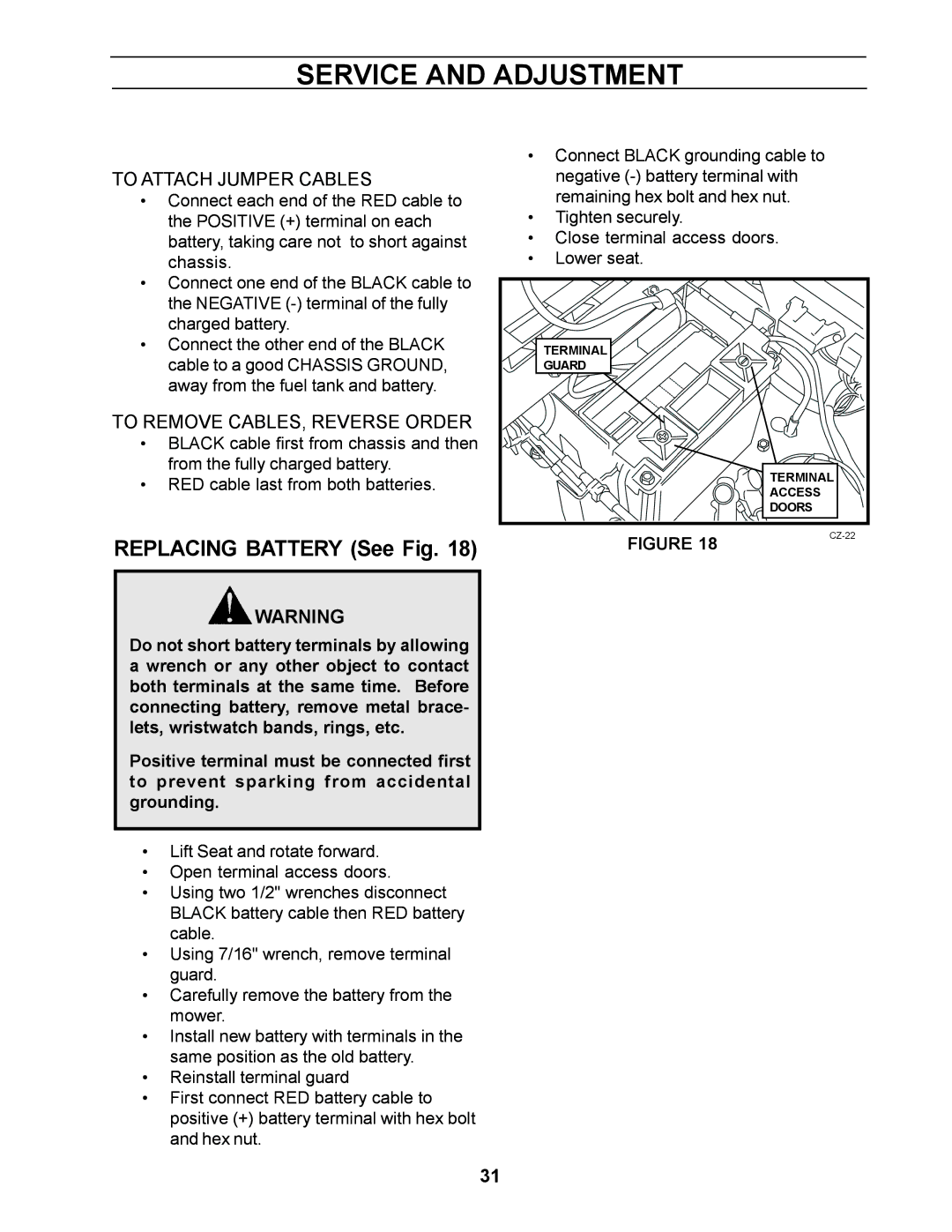 Yazoo/Kees ZCBI48181 manual Replacing Battery See Fig, To Attach Jumper Cables 