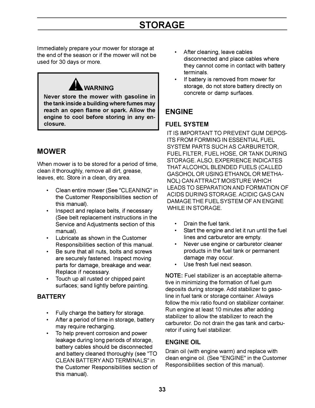 Yazoo/Kees ZCBI48181 manual Storage, Battery, Fuel System, Engine OIL 