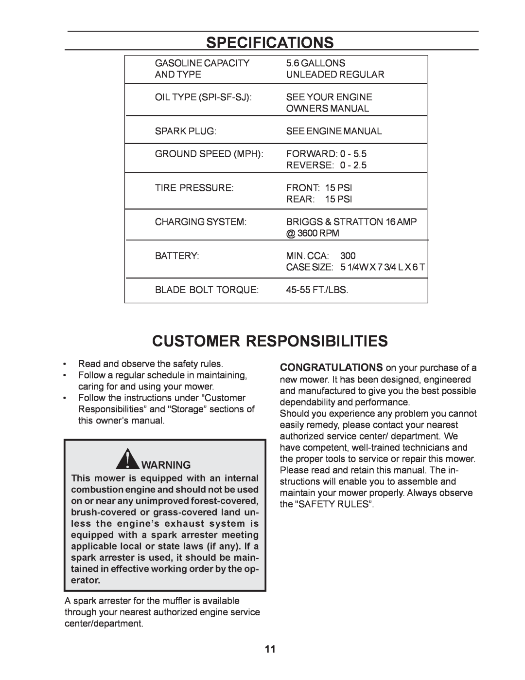 Yazoo/Kees ZCBI48181 manual Specifications, Customer Responsibilities 