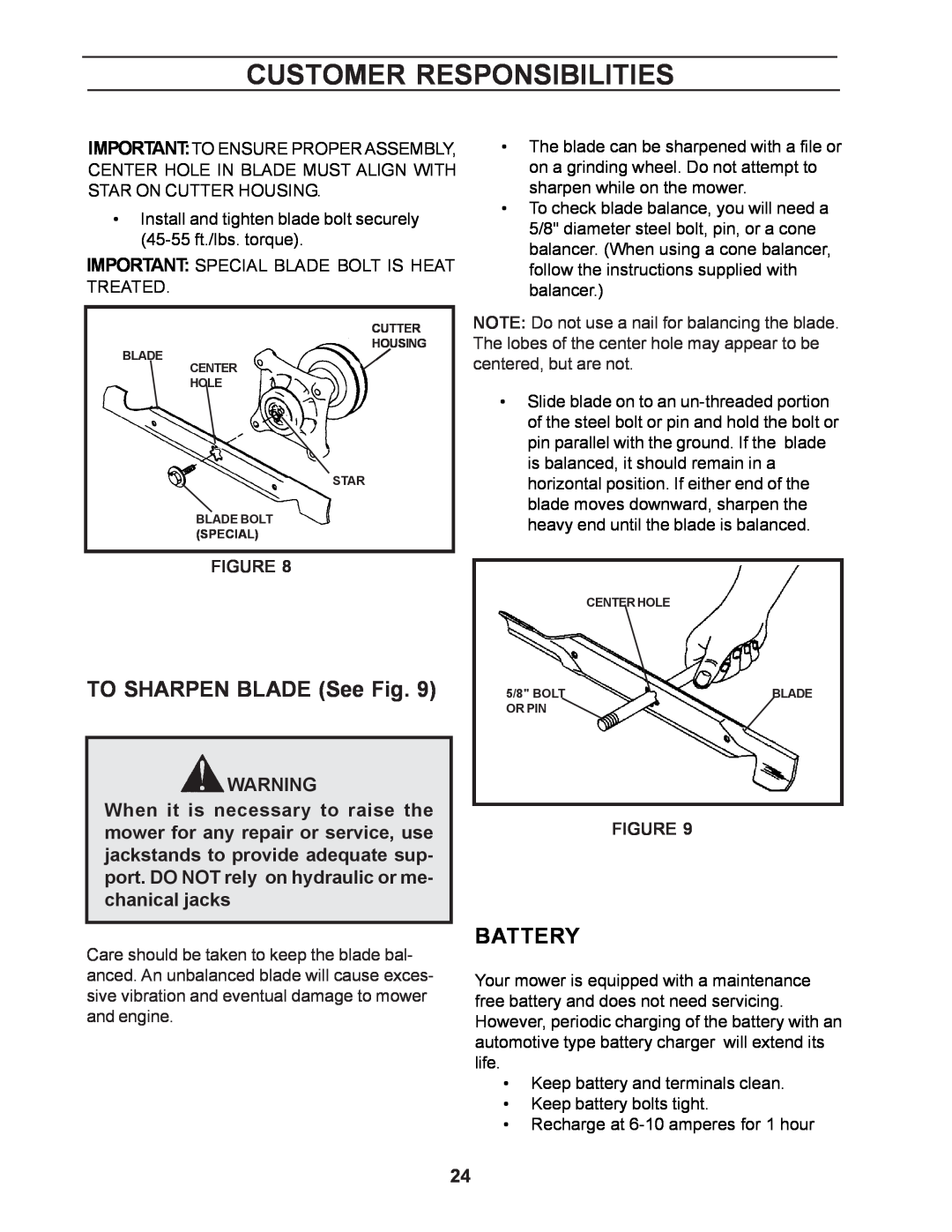 Yazoo/Kees ZCBI48181 manual TO SHARPEN BLADE See Fig, Battery, Customer Responsibilities 