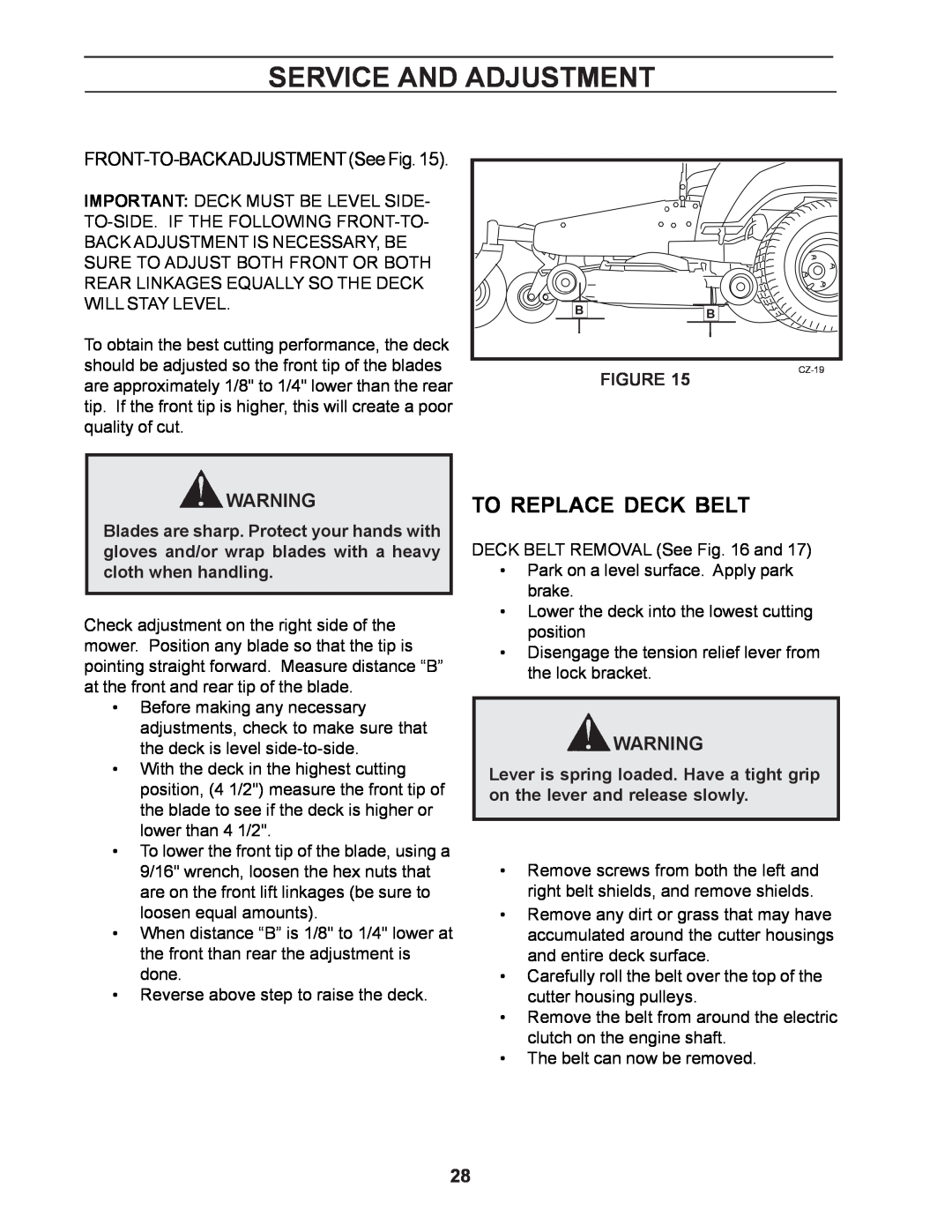 Yazoo/Kees ZCBI48181 manual To Replace Deck Belt, FRONT-TO-BACKADJUSTMENTSeeFig, Service And Adjustment 