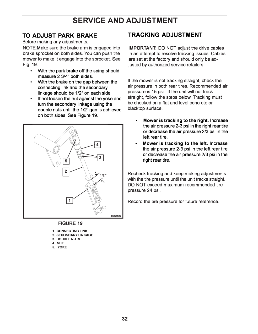 Yazoo/Kees ZCBI48181 manual To Adjust Park Brake, Tracking Adjustment, Service And Adjustment 