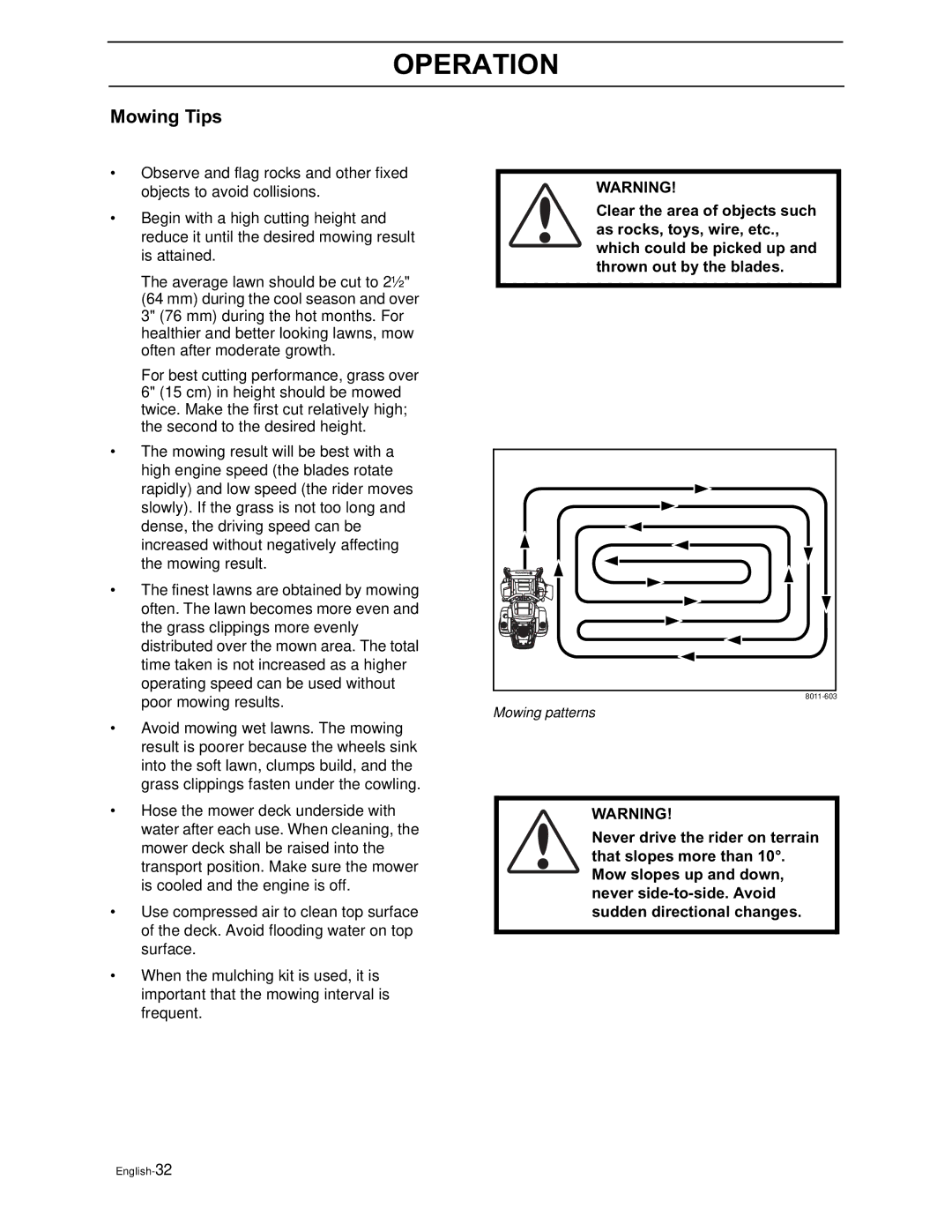 Yazoo/Kees ZEKH52240, ZEKH48240, ZEKH42200 manual Mowing Tips 